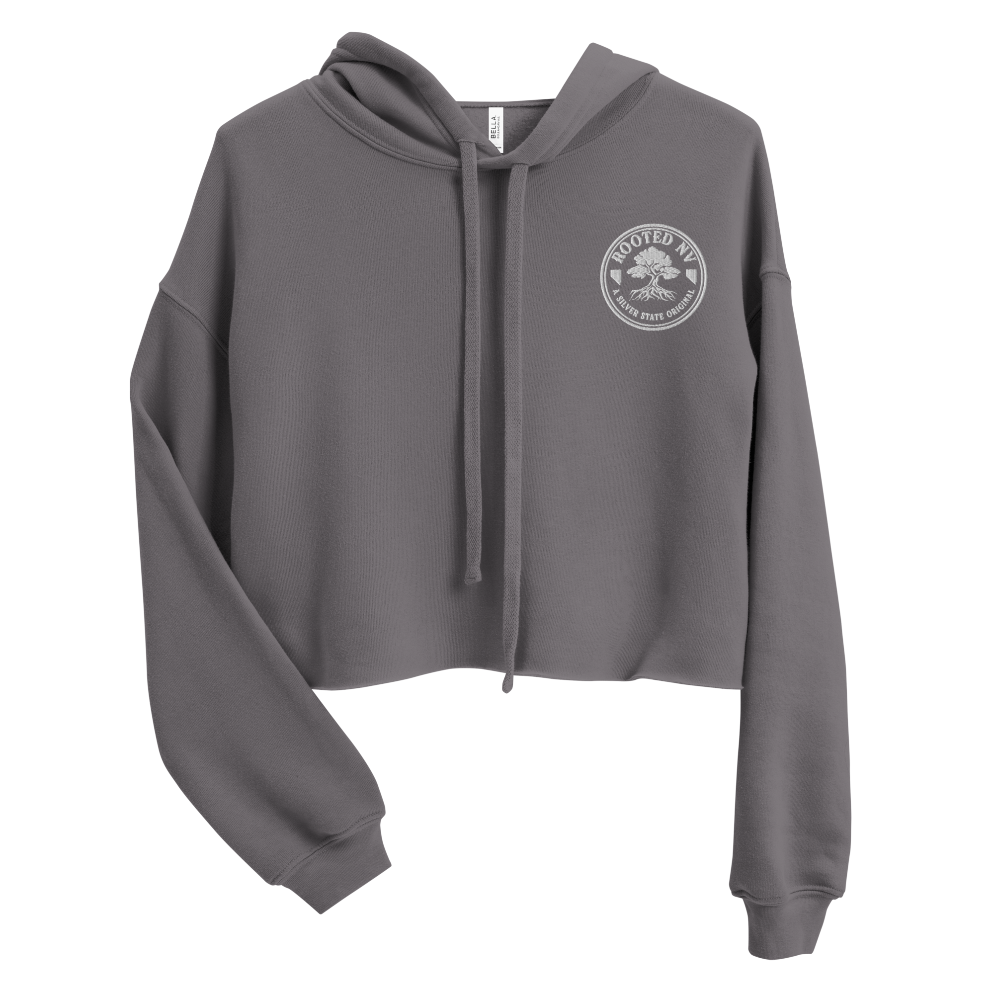 Women's Nevada Bluebird Cropped Graphic Hoodie, Women's Nevada Blue Bird Cropped Pullover Hoodie Crop Top by Rooted NV, charcoal gray front view with drawstrings and chest logo