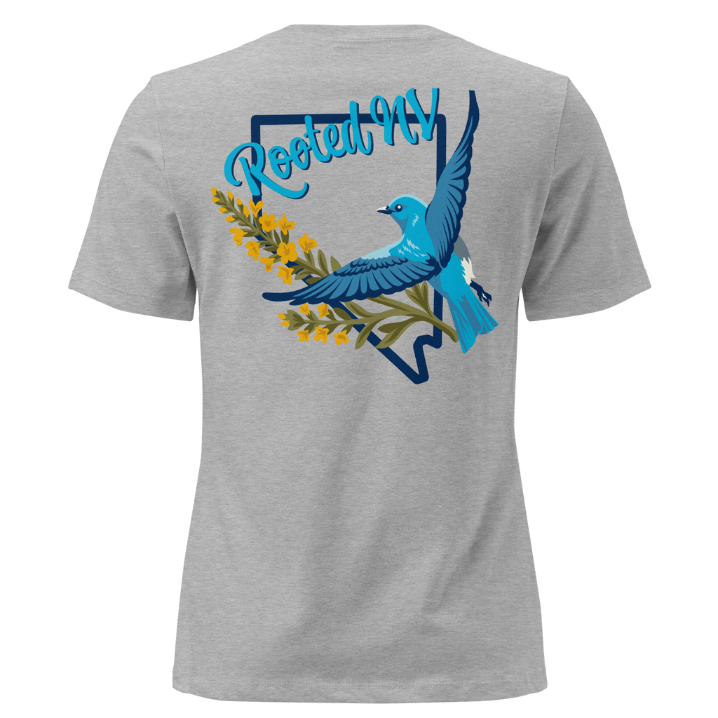 Women's Nevada Bluebird Graphic Tee – Soft Cotton Relaxed Fit in heather gray, back view featuring colorful Nevada bluebird graphic