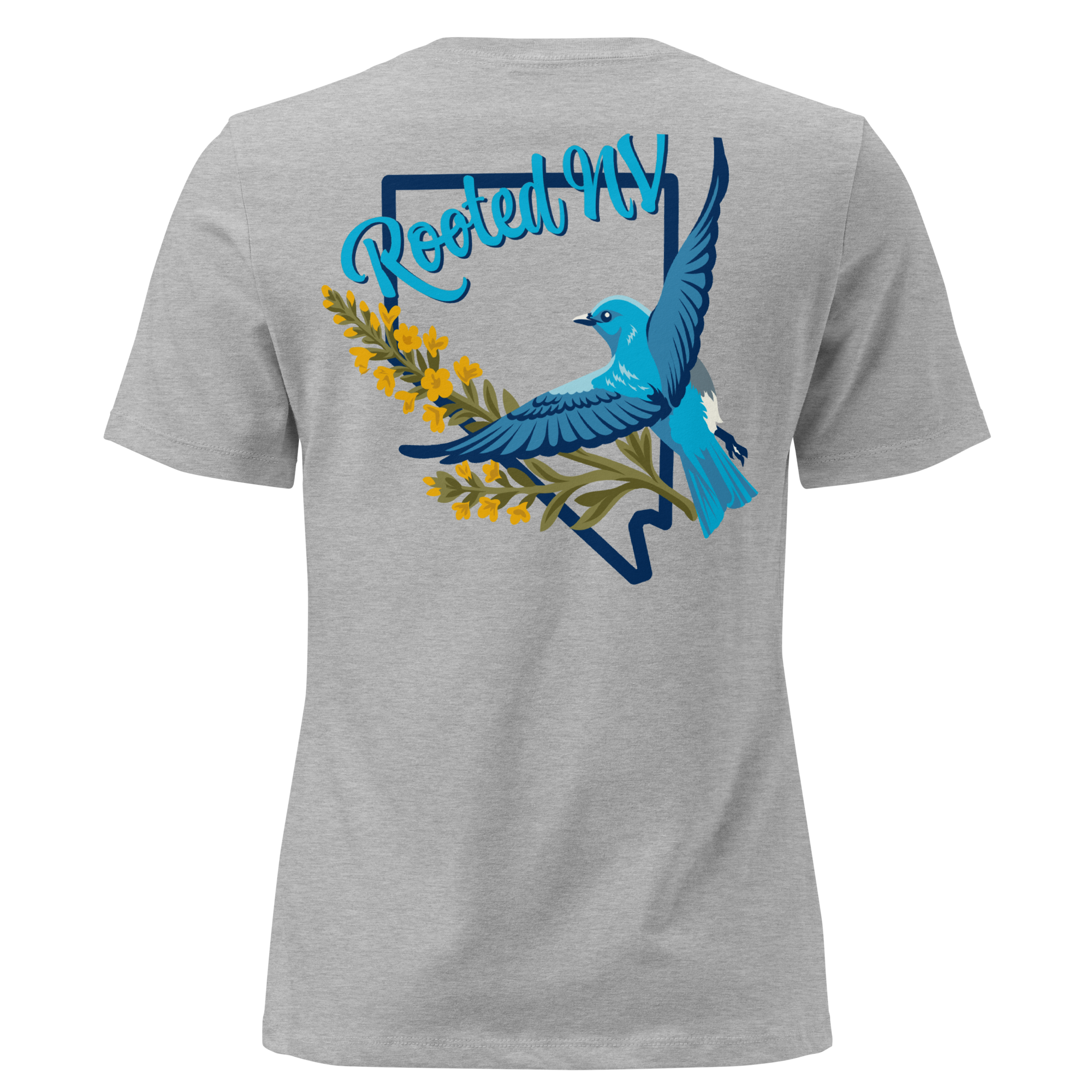 Women's Nevada Bluebird Graphic Tee – Soft Cotton Relaxed Fit in heather gray, back view featuring colorful Nevada bluebird graphic