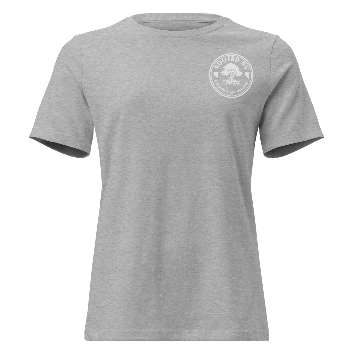 Women's Nevada Bluebird Graphic Tee – Soft Cotton Relaxed Fit in heather gray, front view with Rooted NV chest logo