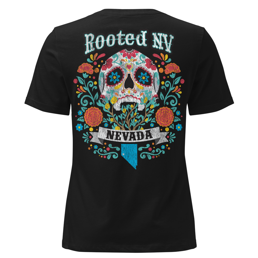 Women's Nevada Day Of The Dead Tee in black featuring a colorful Nevada sugar skull graphic on the back