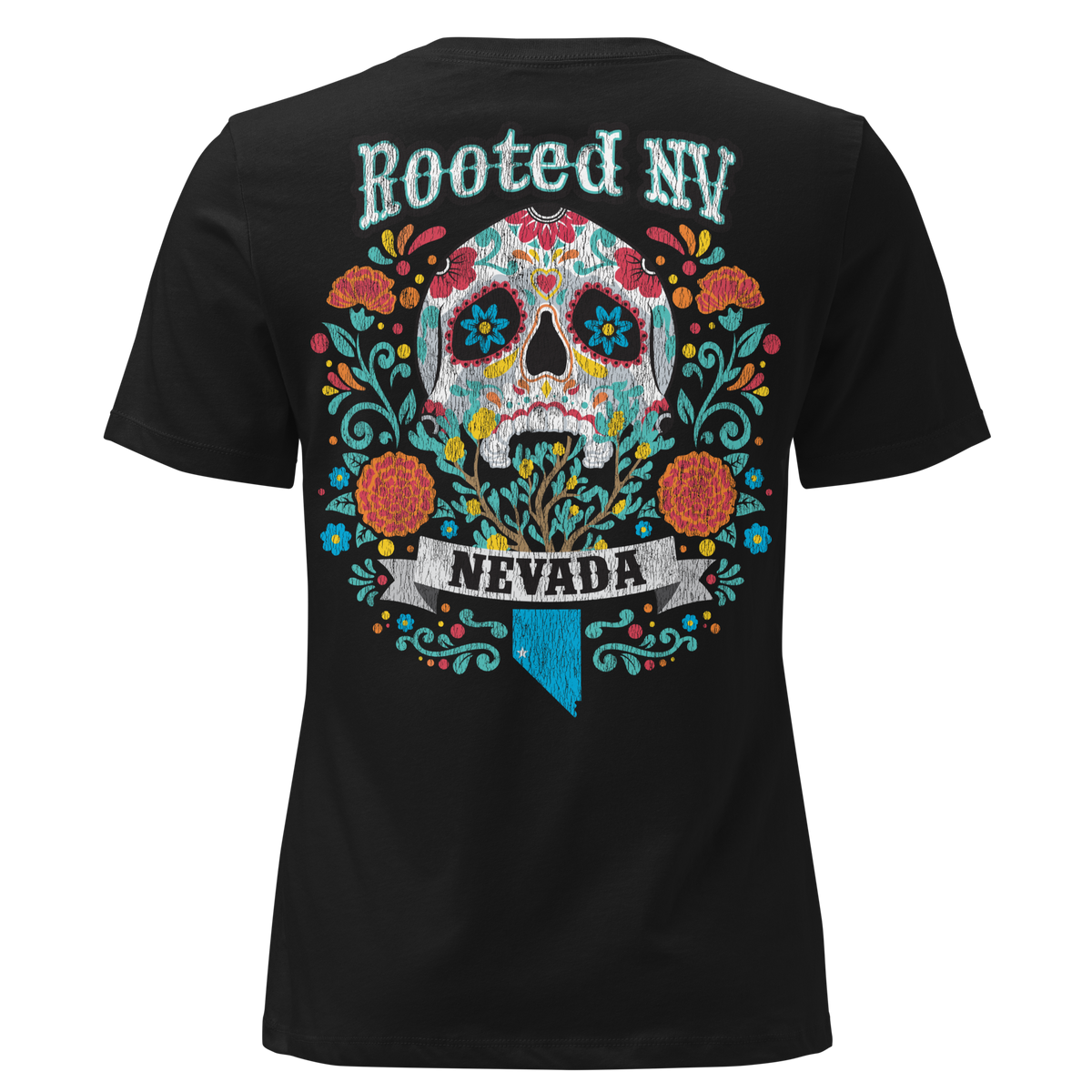 Women's Nevada Day Of The Dead Tee in black featuring a colorful Nevada sugar skull graphic on the back