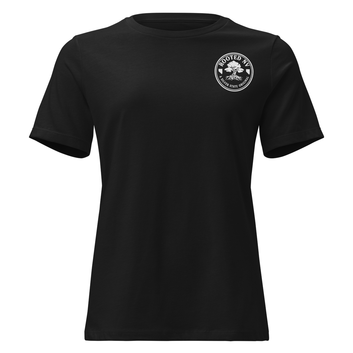 Women's Nevada Day Of The Dead Tee in black with a relaxed crew neck and Rooted NV logo on the front
