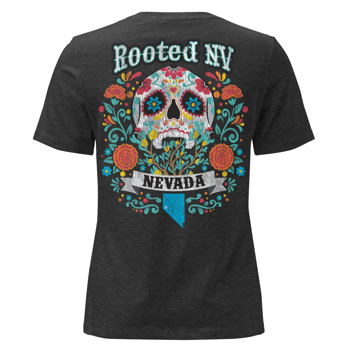 Women's Nevada Day Of The Dead Tee in charcoal featuring a vibrant sugar skull, flowers, and Nevada back graphic