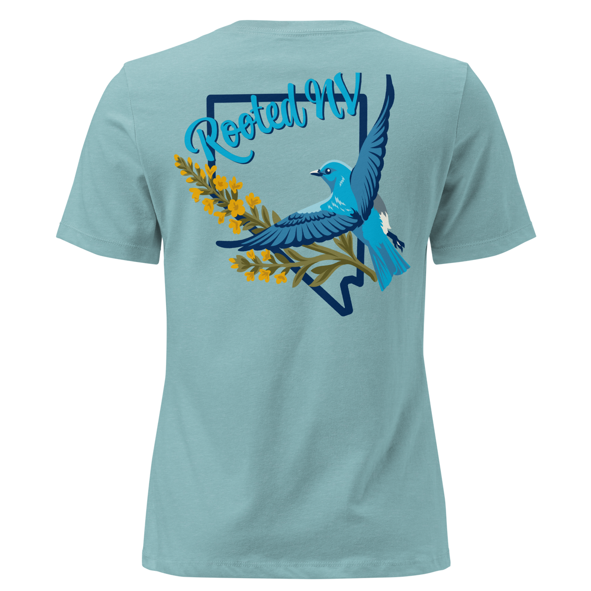 Women's Nevada Bluebird Graphic Tee – Soft Cotton Relaxed Fit in dusty blue, back view featuring colorful Nevada bluebird graphic