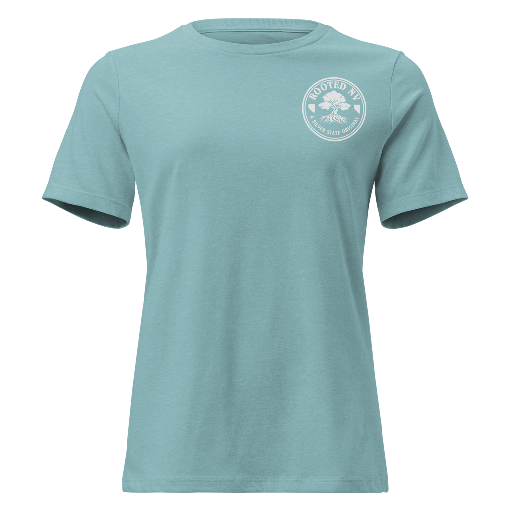 Women's Nevada Bluebird Graphic Tee – Soft Cotton Relaxed Fit in dusty blue, front view with Rooted NV chest logo