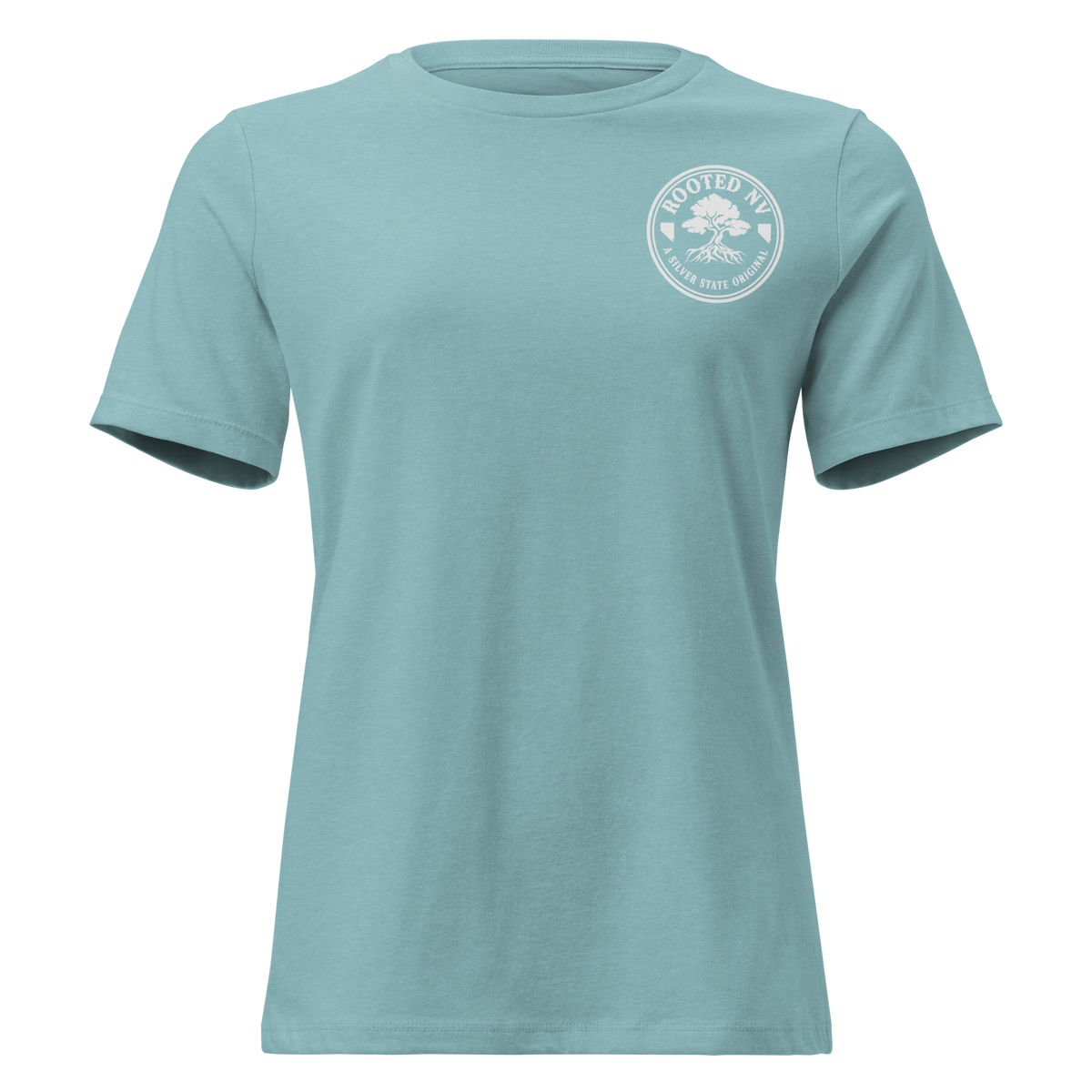 Women's Nevada Bluebird Graphic Tee – Soft Cotton Relaxed Fit in dusty blue, front view with Rooted NV chest logo