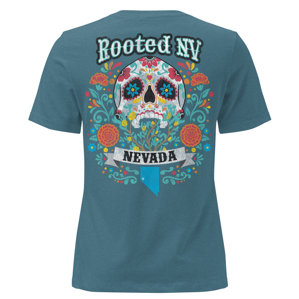 Women's Nevada Day Of The Dead Tee in teal with colorful sugar skull, floral artwork, and Nevada graphic on the front