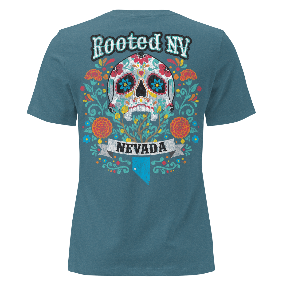 Women's Nevada Day Of The Dead Tee in teal with colorful sugar skull, floral artwork, and Nevada graphic on the front