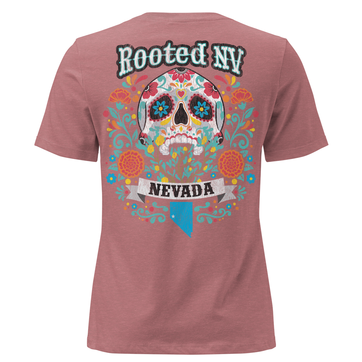 Women's Nevada Day Of The Dead Tee in rose pink featuring a colorful sugar skull, floral artwork, and Nevada graphic on the back