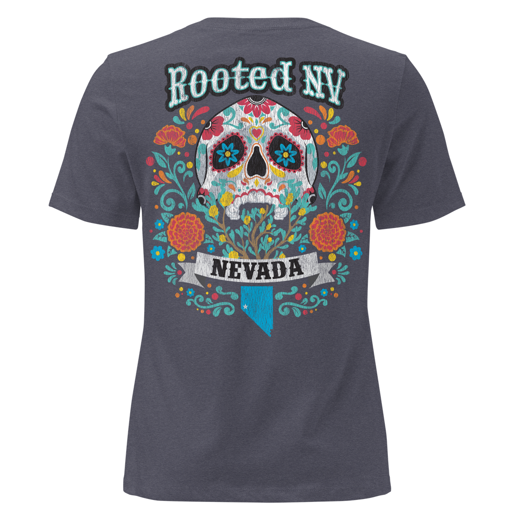 Women's Nevada Day Of The Dead Tee in dusty rose with a soft cotton crew neck and Rooted NV chest logo