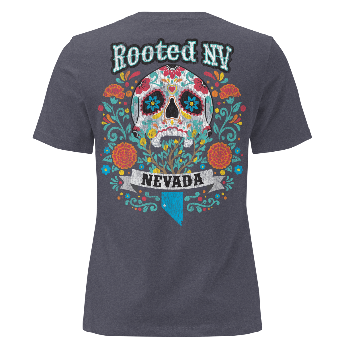 Women's Nevada Day Of The Dead Tee in dusty rose with a soft cotton crew neck and Rooted NV chest logo
