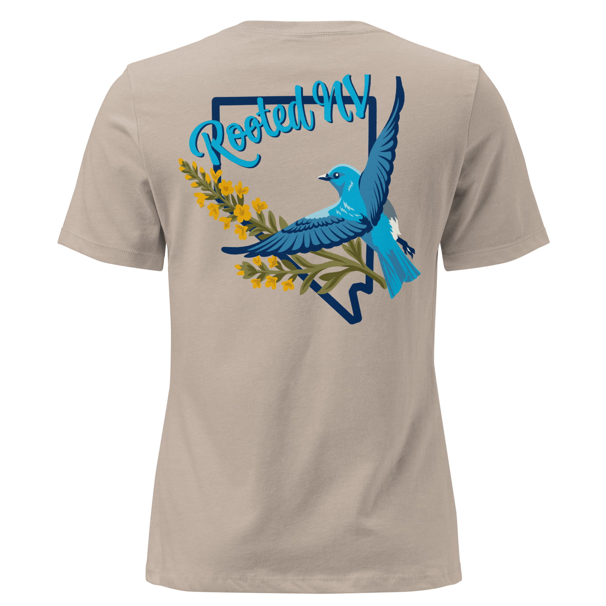 Women's Nevada Bluebird Graphic Tee – Soft Cotton Relaxed Fit in natural beige, back view featuring colorful Nevada bluebird graphic
