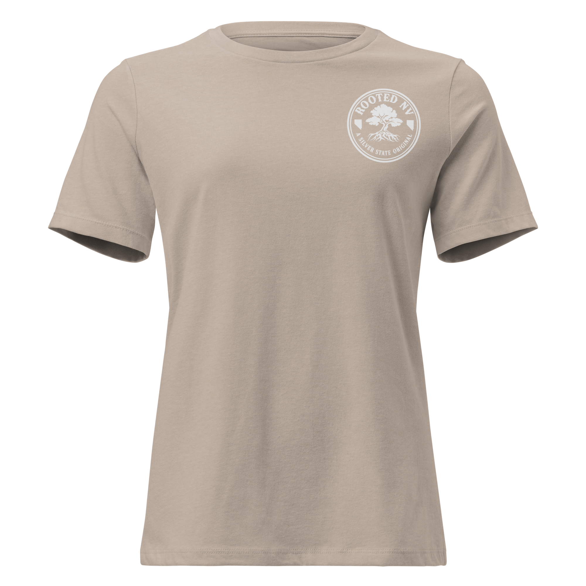 Women's Nevada Bluebird Graphic Tee – Soft Cotton Relaxed Fit in natural beige, front view with Rooted NV chest logo