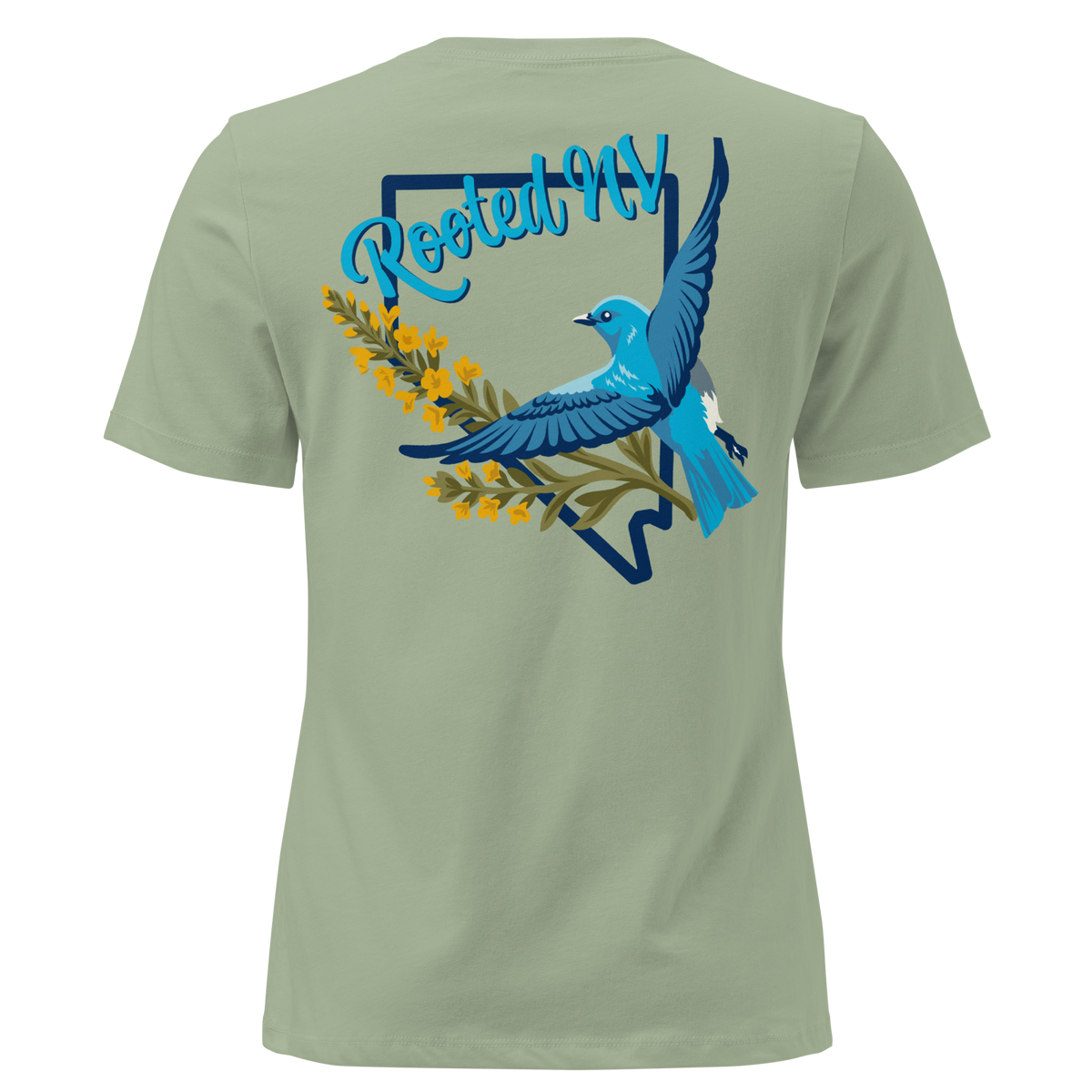 Women's Nevada Bluebird Graphic Tee – Soft Cotton Relaxed Fit in soft sage green, back view featuring colorful Nevada bluebird graphic