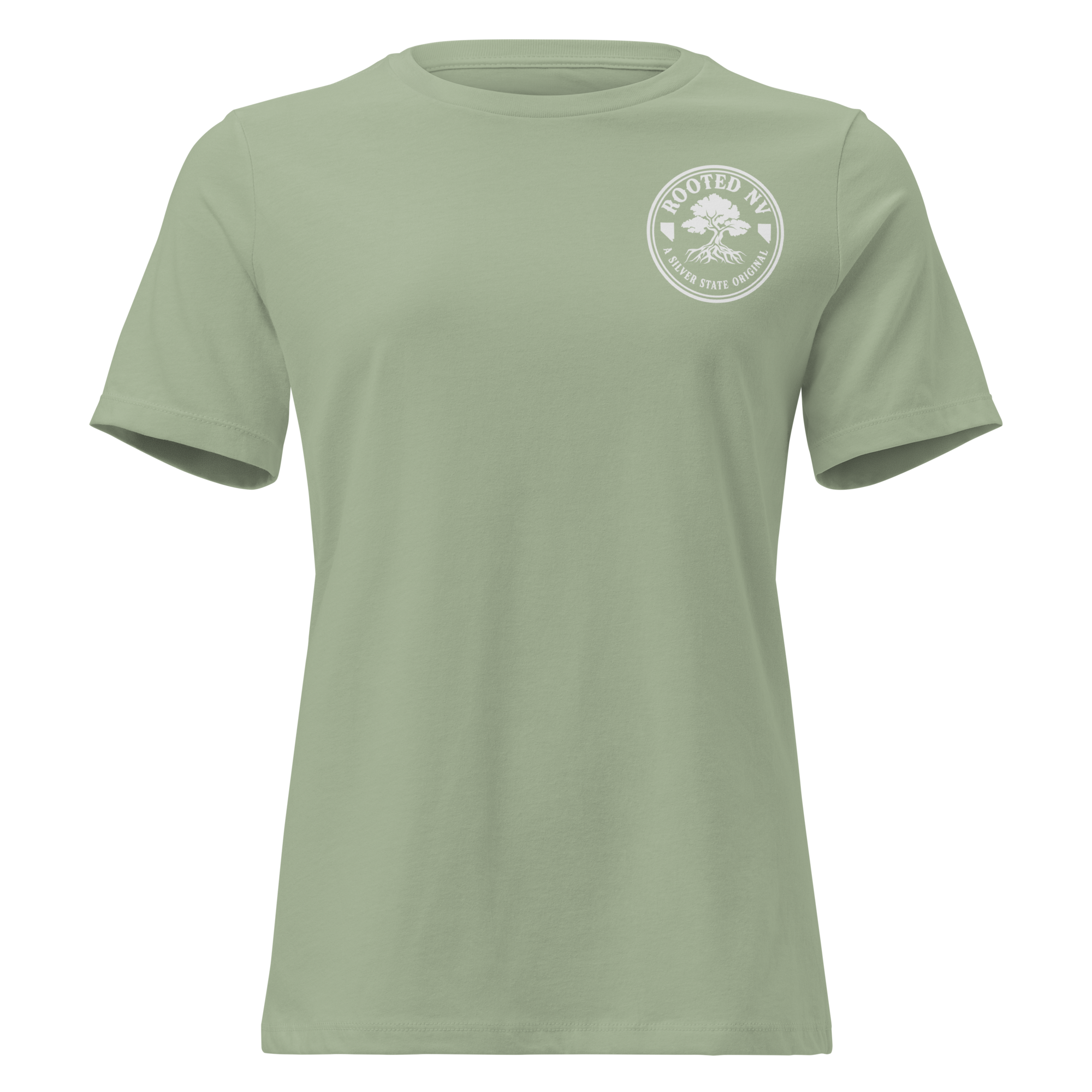 Women's Nevada Bluebird Graphic Tee – Soft Cotton Relaxed Fit in soft sage green, front view with Rooted NV chest logo
