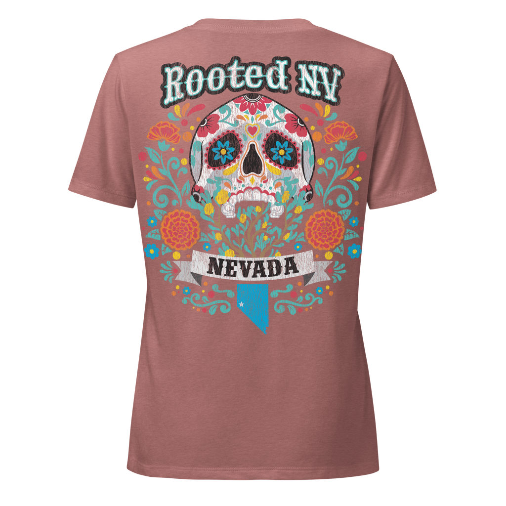 Women’s Nevada Day Of The Dead V-Neck graphic T-shirt in mauve featuring a colorful sugar skull, flowers, and Nevada design on the back