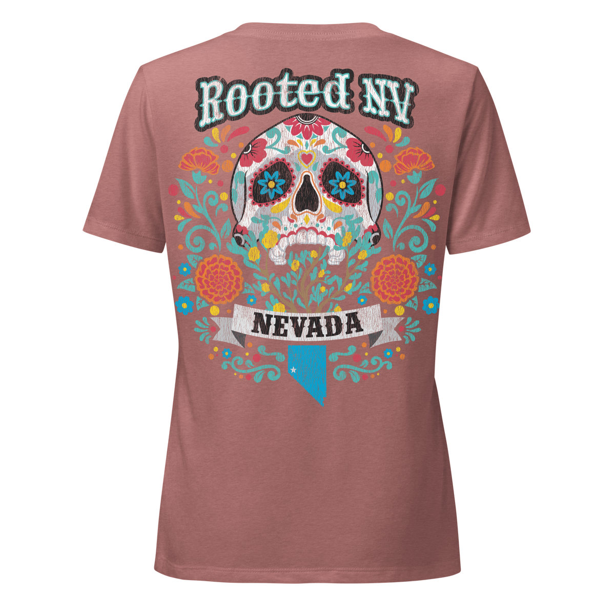 Women’s Nevada Day Of The Dead V-Neck graphic T-shirt in mauve featuring a colorful sugar skull, flowers, and Nevada design on the back