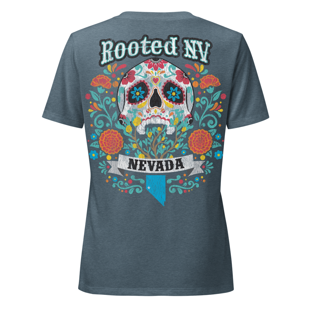 Women’s Nevada Day Of The Dead V-Neck graphic T-shirt in blue-gray featuring a colorful sugar skull, flowers, and Nevada design on the back