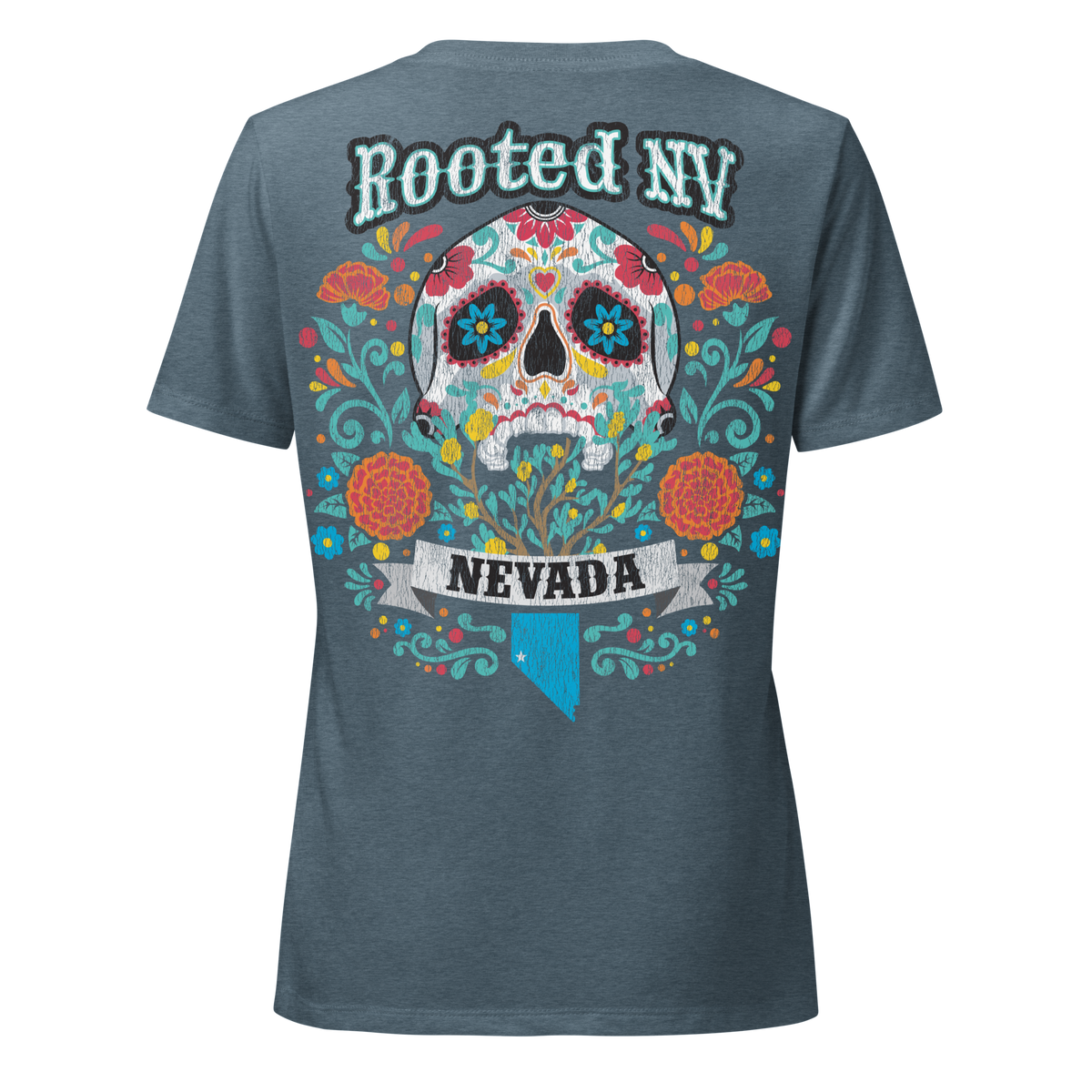 Women’s Nevada Day Of The Dead V-Neck graphic T-shirt in blue-gray featuring a colorful sugar skull, flowers, and Nevada design on the back