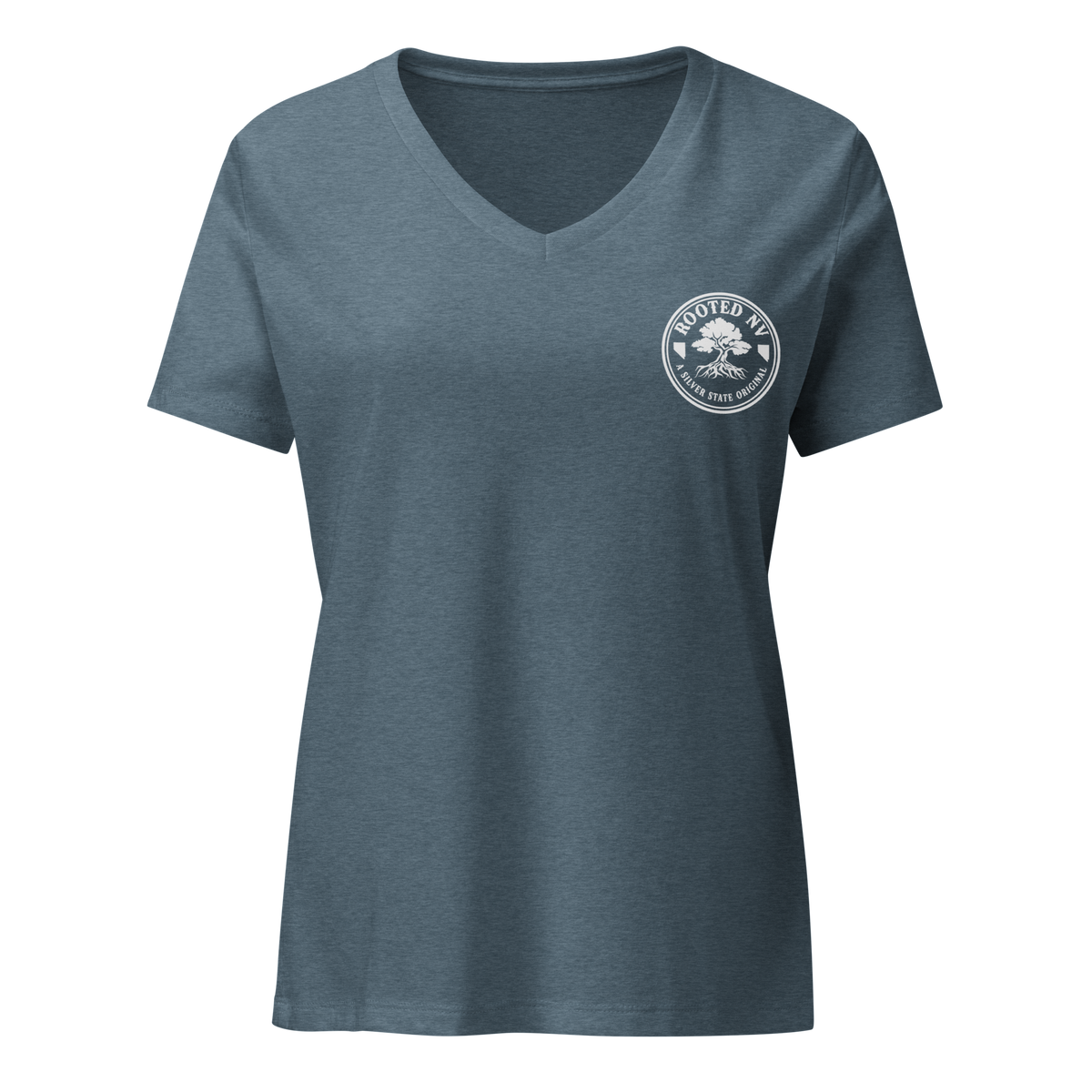 Women’s Nevada Day Of The Dead V-Neck T-shirt in blue-gray with a relaxed fit and Rooted NV logo on the front chest