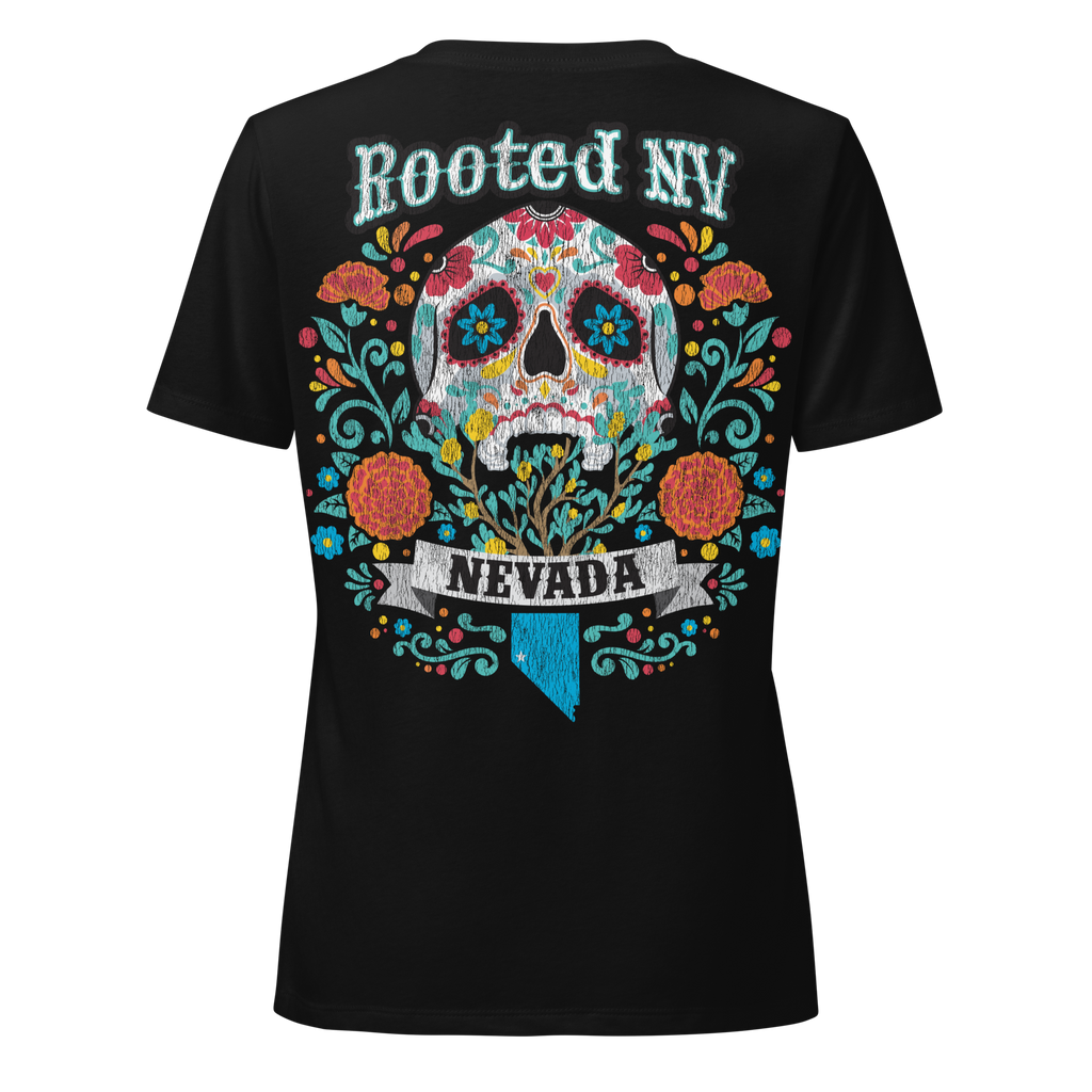 Women’s Nevada Day Of The Dead V-Neck graphic T-shirt in black featuring a vibrant sugar skull, floral details, and Nevada design on the back