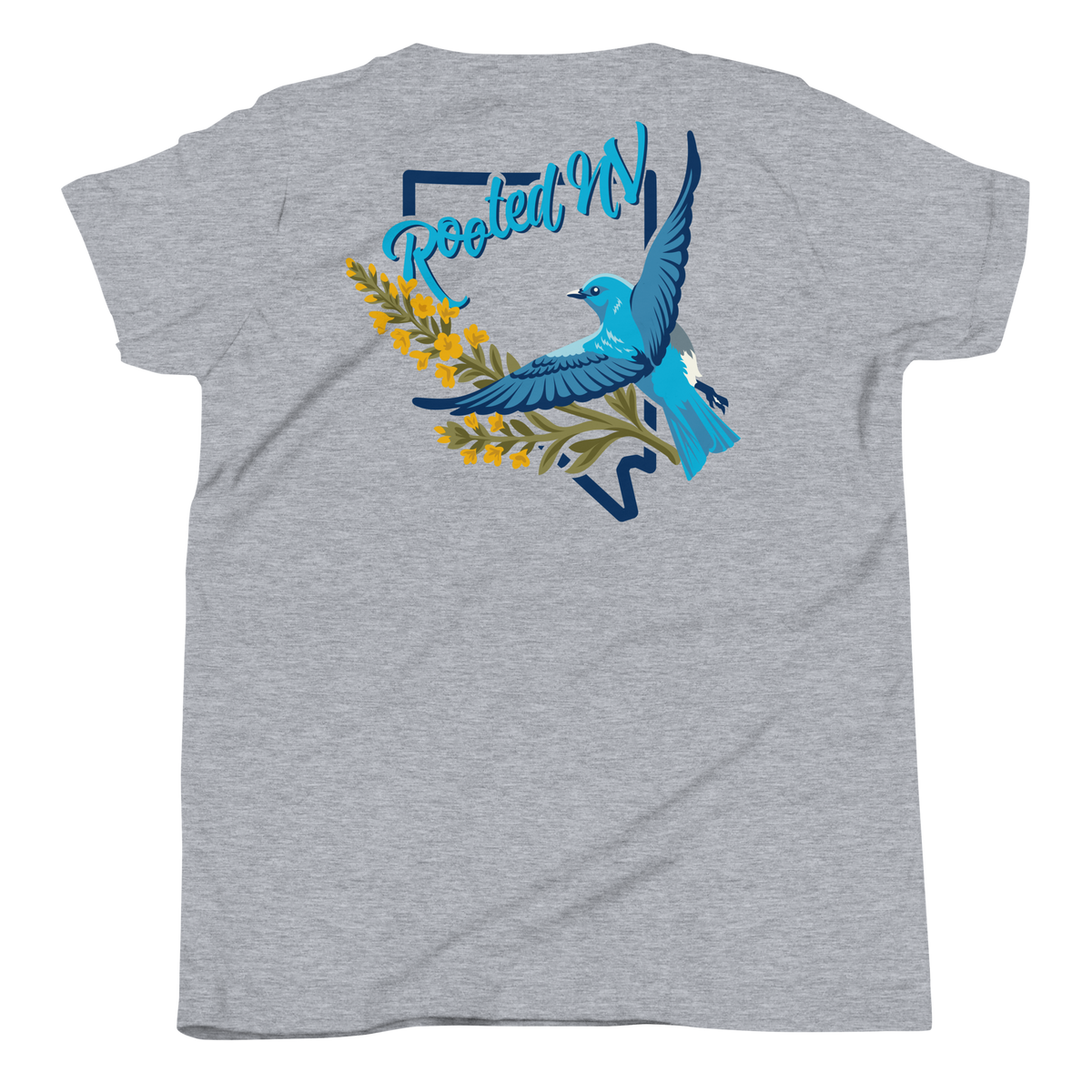 Youth Nevada Bluebird Graphic Tee – Soft Cotton,Relaxed Fit in gray with colorful Nevada bluebird back graphic