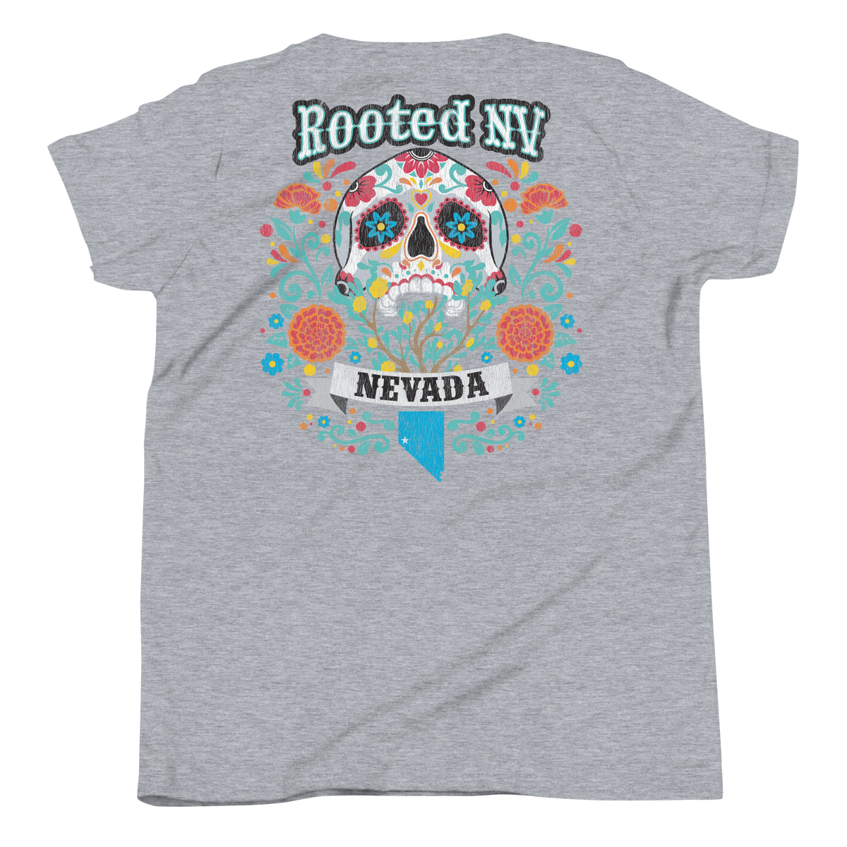 Youth Nevada Day Of The Dead Graphic T-Shirt – Relaxed Unisex Fit, Soft Cotton in heather gray with colorful Day of the Dead sugar skull artwork