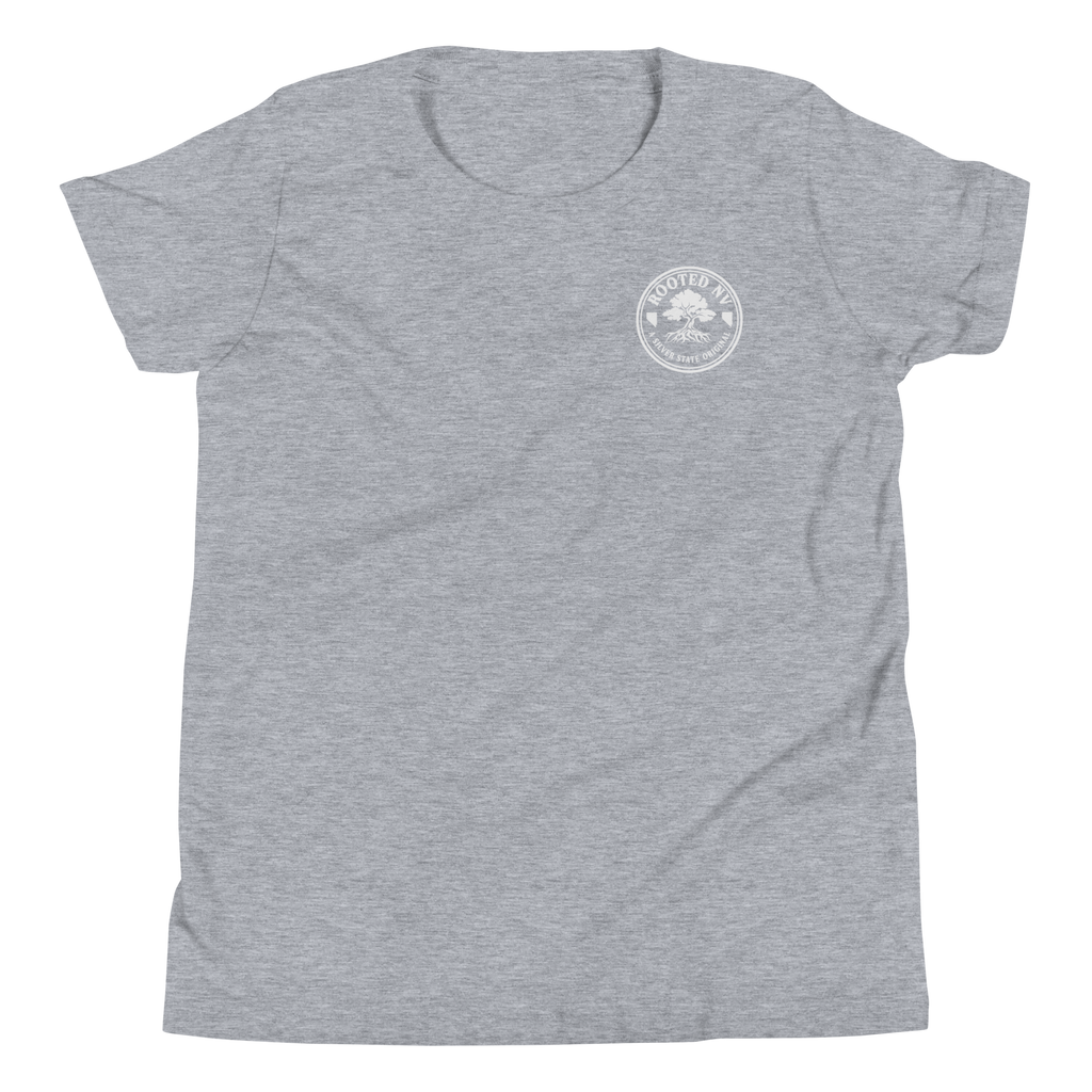 Youth Nevada Day Of The Dead Graphic T-Shirt – Relaxed Unisex Fit, Soft Cotton in heather gray showing the Rooted NV chest logo