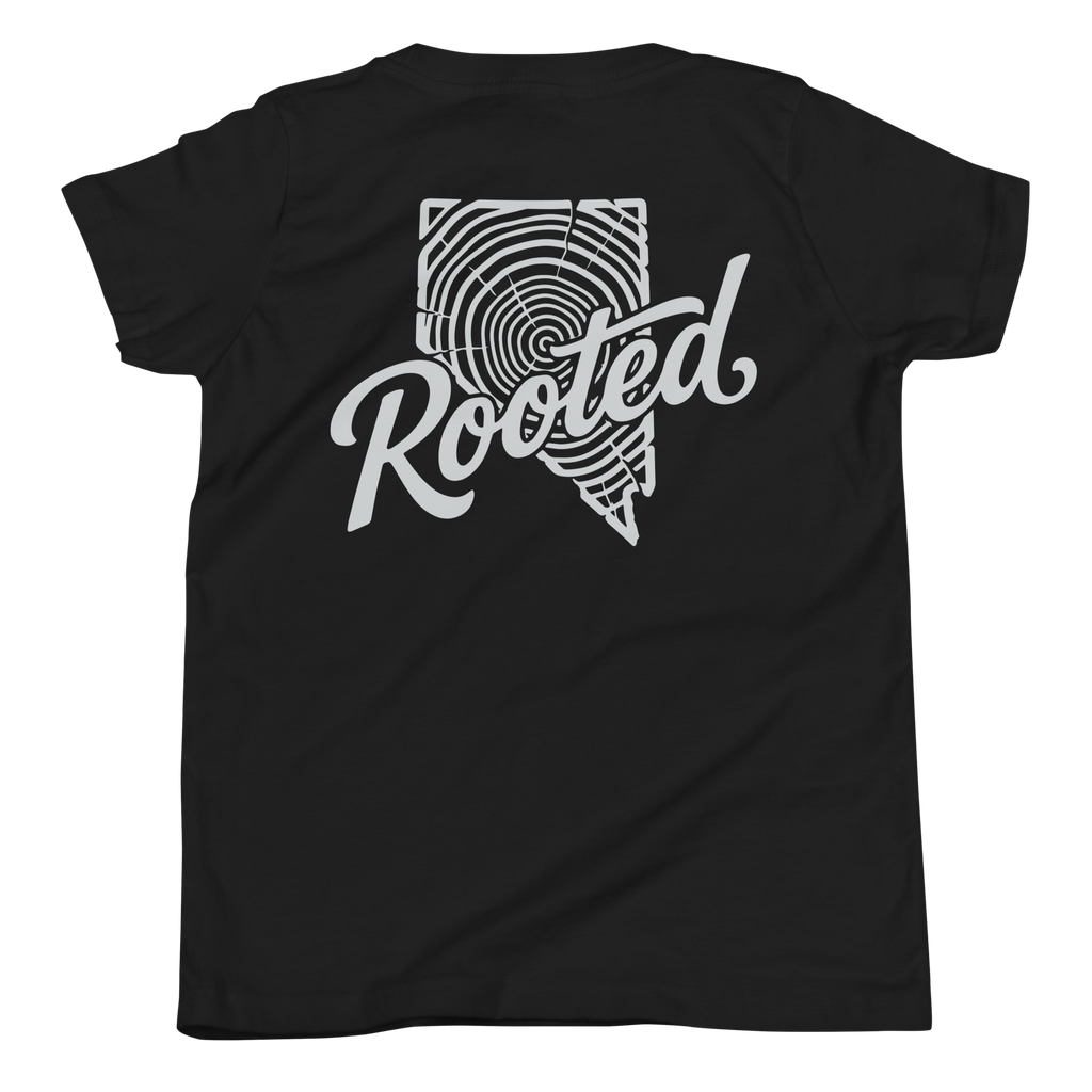 Youth Rooted Tree Ring Graphic Tee - Soft Relaxed Fit in black with a large white Rooted tree ring graphic across the front