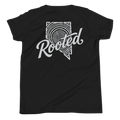 Youth Rooted Tree Ring Graphic Tee - Soft Relaxed Fit in black with a large white Rooted tree ring graphic across the front