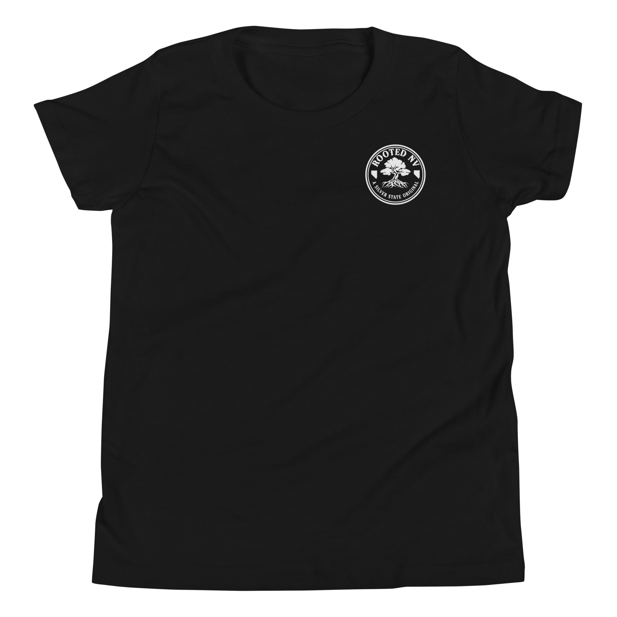 Youth Rooted Tree Ring Graphic Tee - Soft Relaxed Fit in black featuring a small white Rooted NV tree logo on the chest