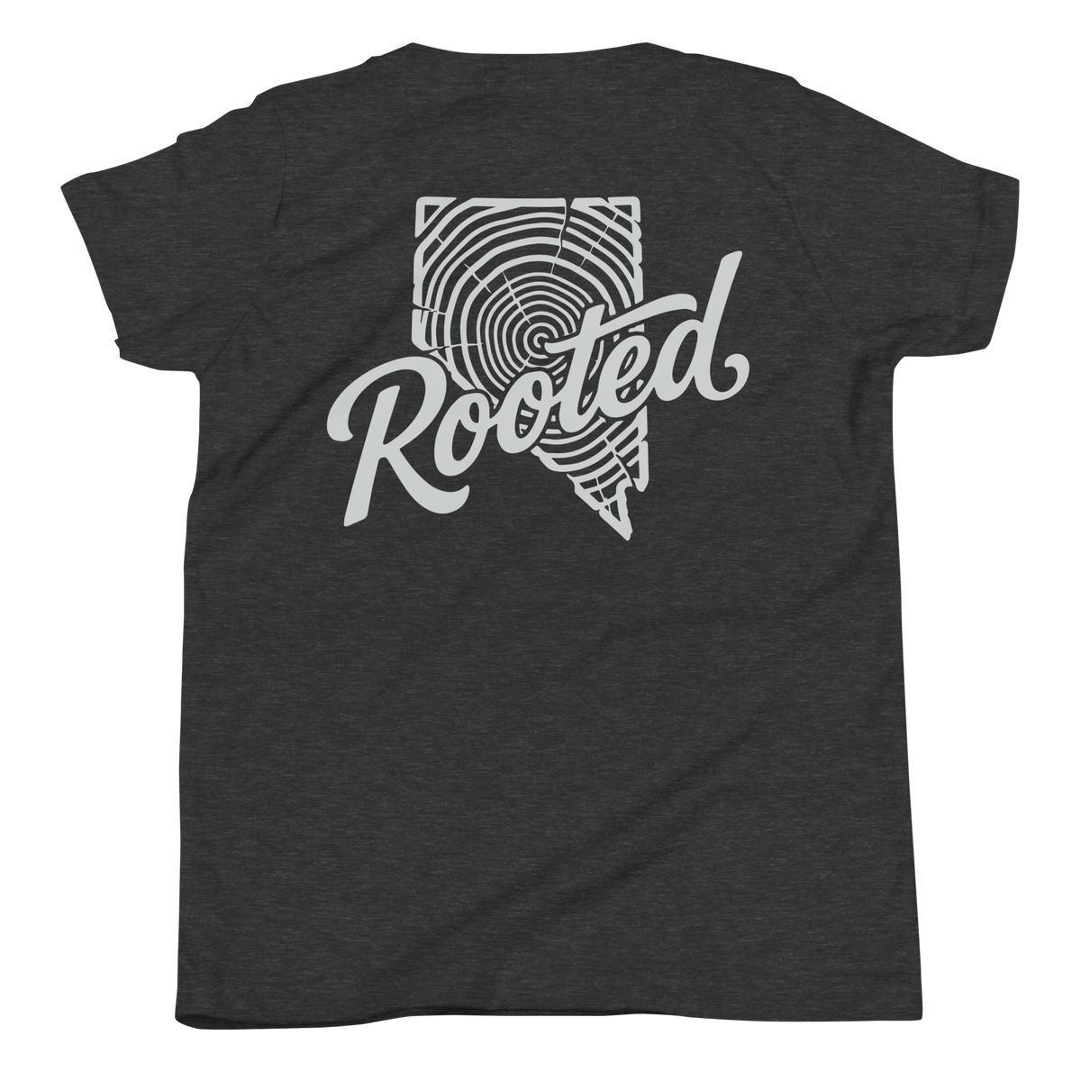 Youth Rooted Tree Ring Graphic Tee - Soft Relaxed Fit in charcoal with a large white Rooted tree ring graphic on the front