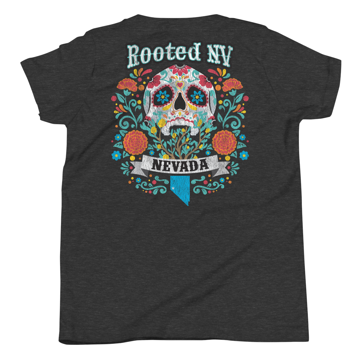 Youth Nevada Day Of The Dead Graphic T-Shirt – Relaxed Unisex Fit, Soft Cotton in dark charcoal with colorful sugar skull and floral Nevada design
