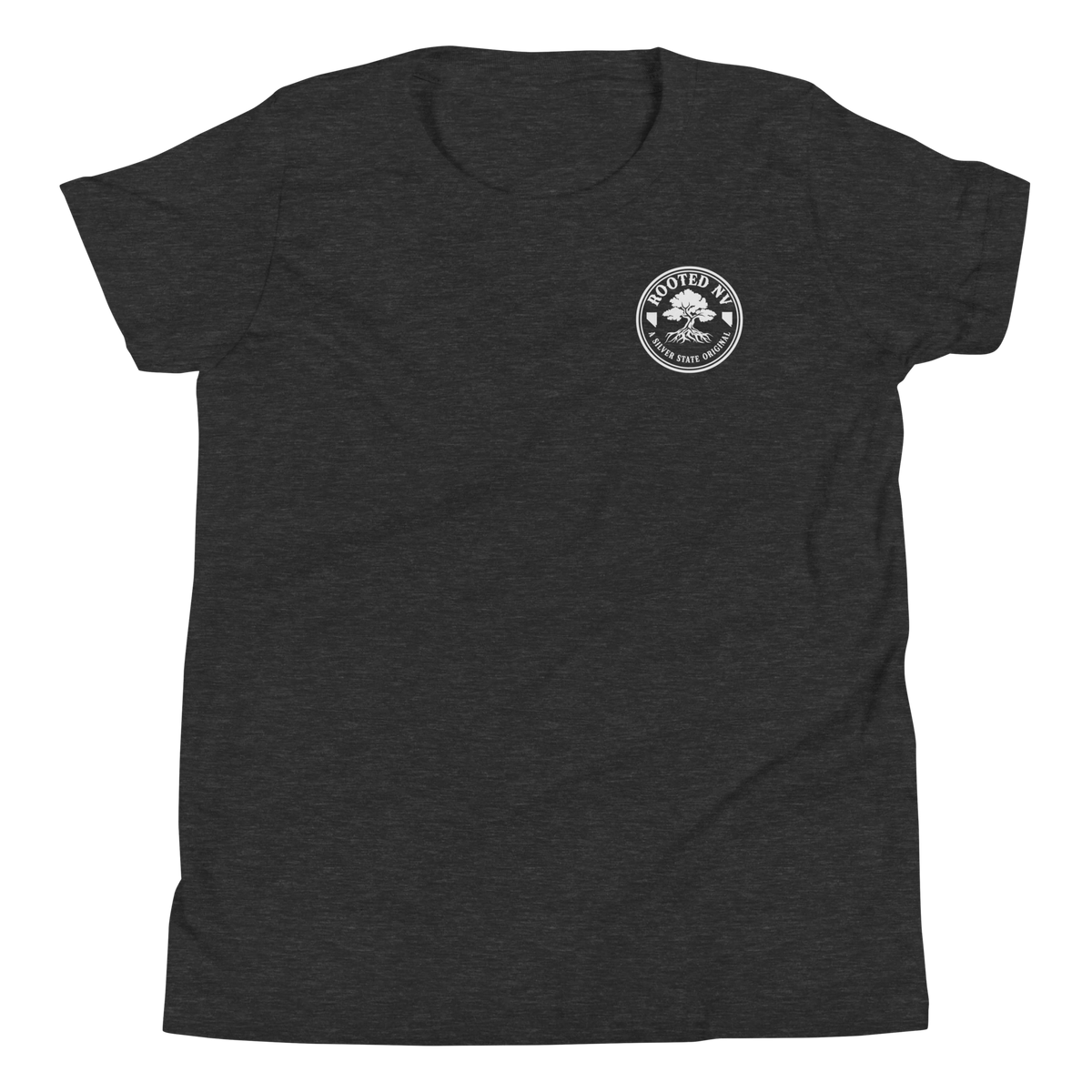 Youth Nevada Day Of The Dead Graphic T-Shirt – Relaxed Unisex Fit, Soft Cotton in charcoal gray showing the Rooted NV chest logo