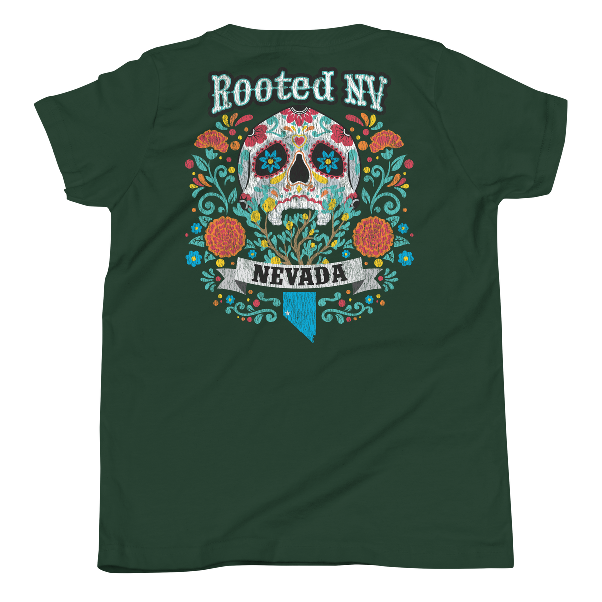 Youth Nevada Day Of The Dead Graphic T-Shirt – Relaxed Unisex Fit, Soft Cotton in forest green with colorful Nevada sugar skull artwork