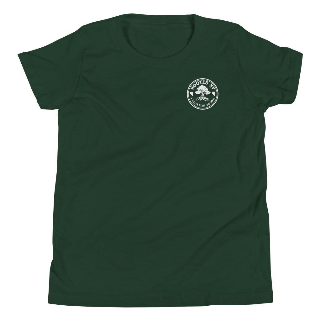 Youth Nevada Day Of The Dead Graphic T-Shirt – Relaxed Unisex Fit, Soft Cotton in forest green showing the Rooted NV chest logo