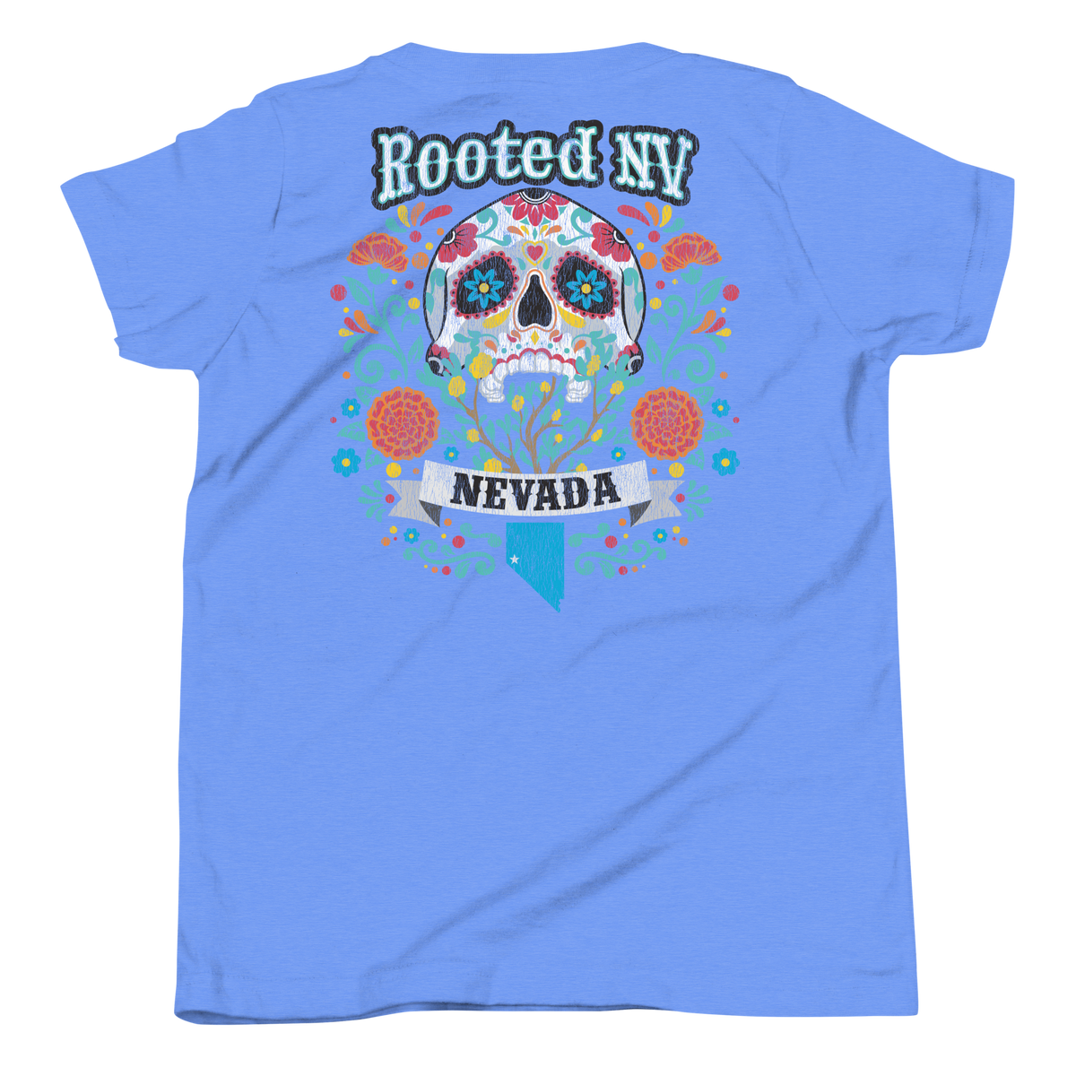 Youth Nevada Day Of The Dead Graphic T-Shirt – Relaxed Unisex Fit, Soft Cotton in light blue with colorful floral sugar skull Nevada design
