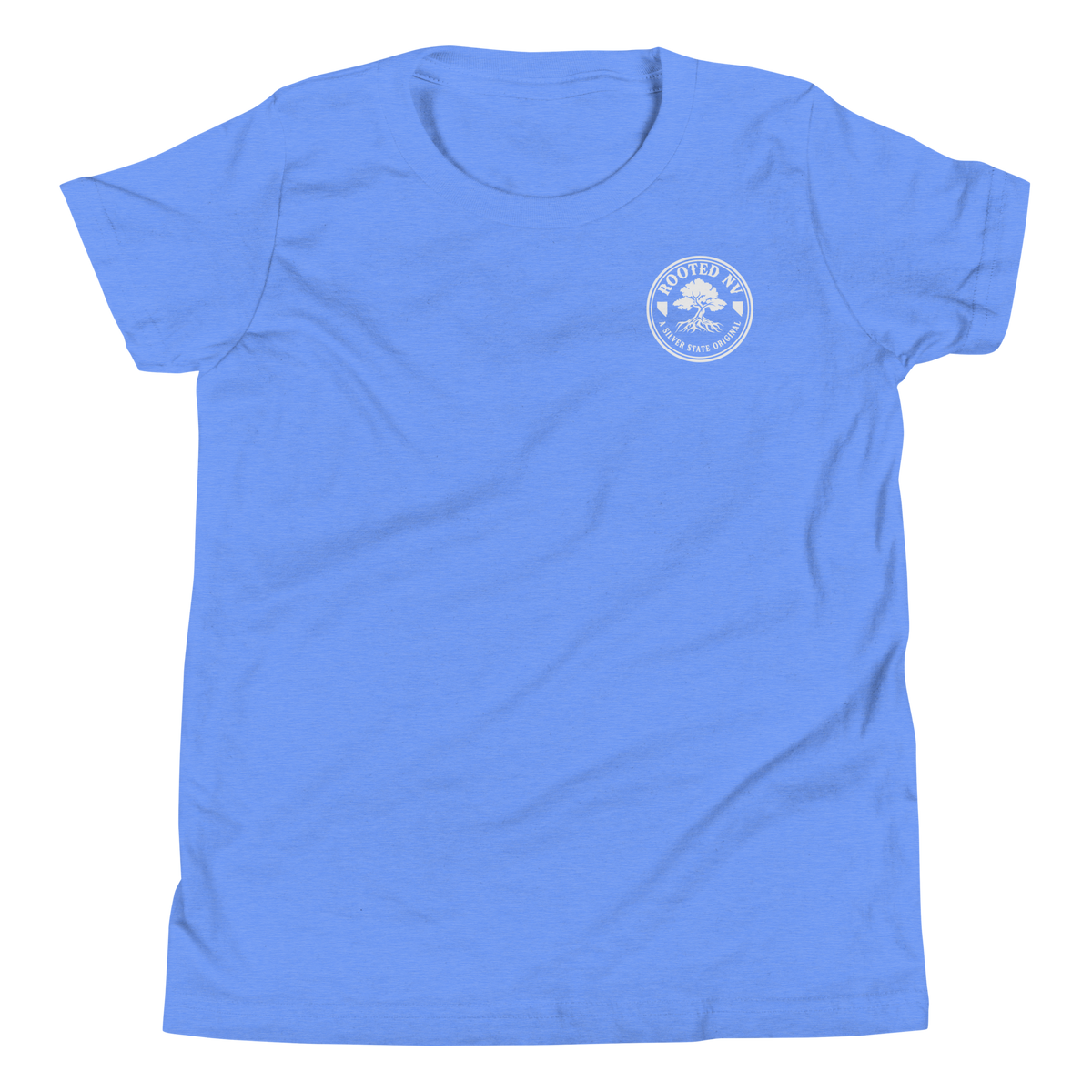 Youth Rooted NV Logo Graphic Tee - Soft Relaxed Fit, side-seamed construction detail