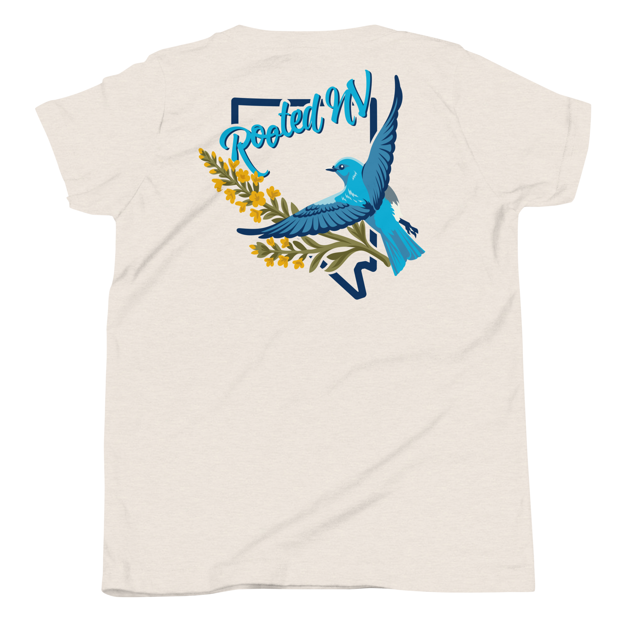 Youth Nevada Bluebird Graphic Tee – Soft Cotton,Relaxed Fit in off-white with colorful bluebird and Rooted NV back design