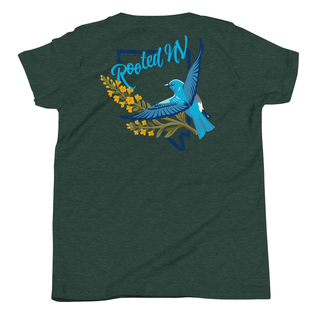 Youth Nevada Bluebird Graphic Tee – Soft Cotton,Relaxed Fit in dark heather with colorful bluebird and Rooted NV back graphic