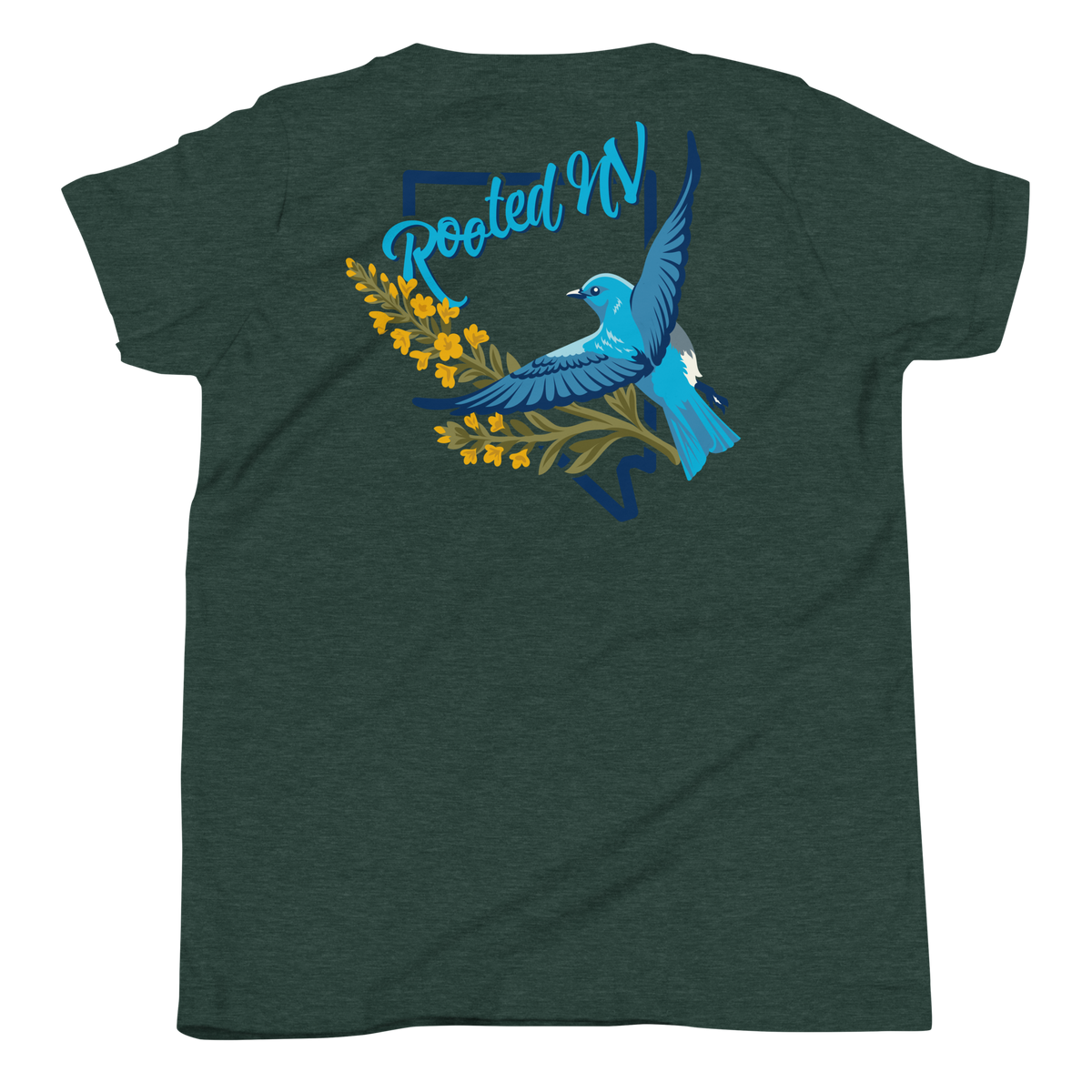 Youth Nevada Bluebird Graphic Tee – Soft Cotton,Relaxed Fit in dark heather with colorful bluebird and Rooted NV back graphic
