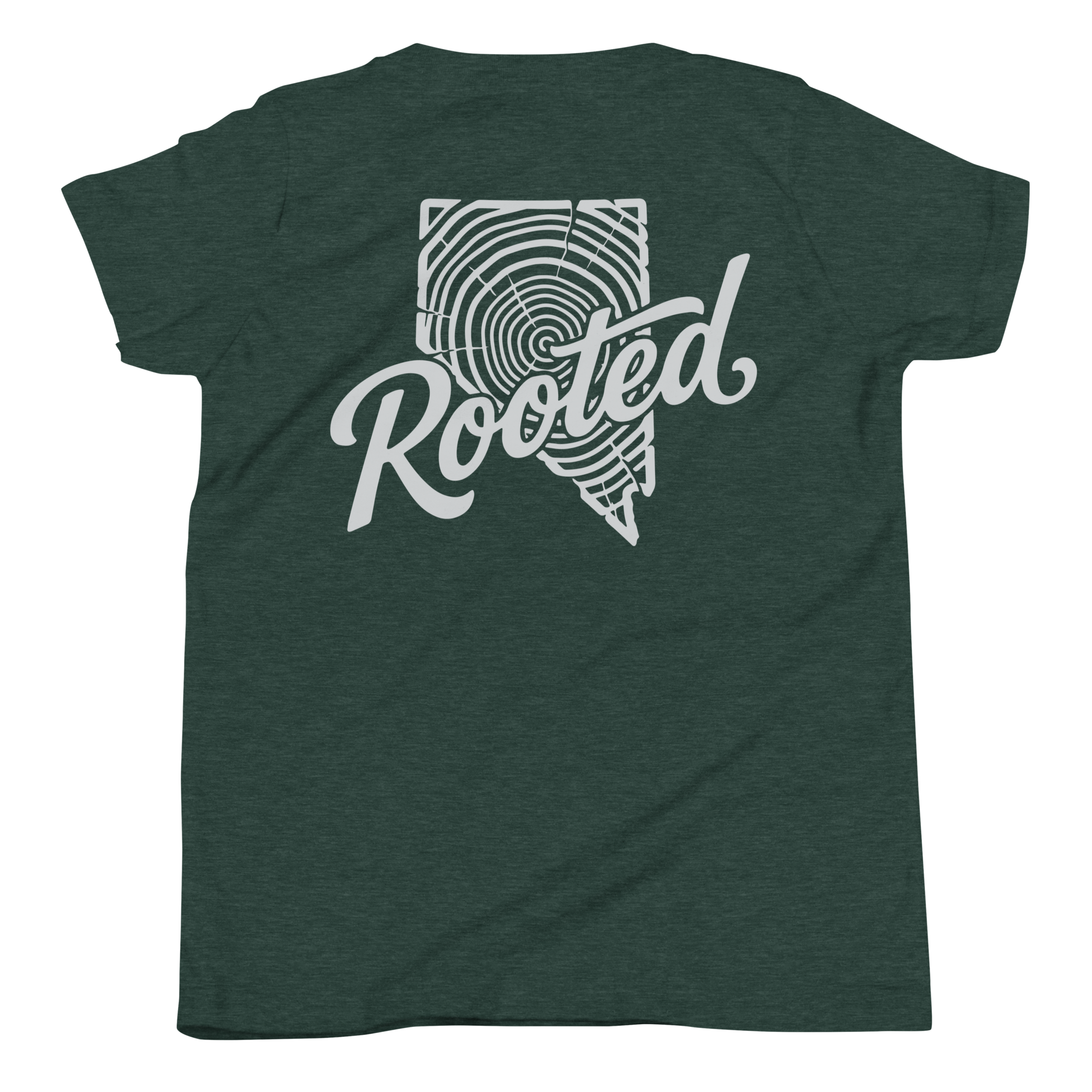 Youth Rooted Tree Ring Graphic Tee - Soft Relaxed Fit in forest green with bold white Rooted tree ring graphic on the front