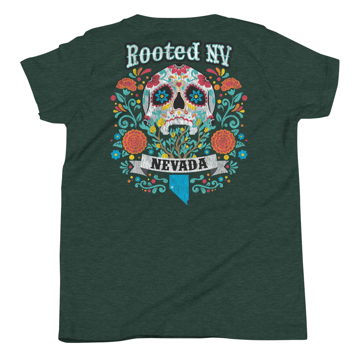 Youth Nevada Day Of The Dead Graphic T-Shirt – Relaxed Unisex Fit, Soft Cotton in deep green with vibrant sugar skull and Nevada graphic
