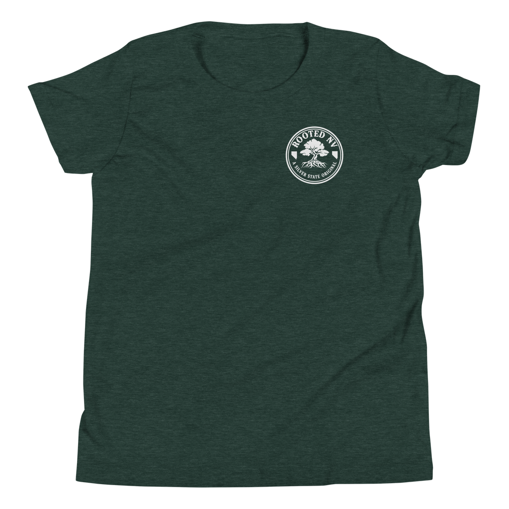 Youth Nevada Bluebird Graphic Tee – Soft Cotton,Relaxed Fit in dark heather showing the small Rooted NV chest logo