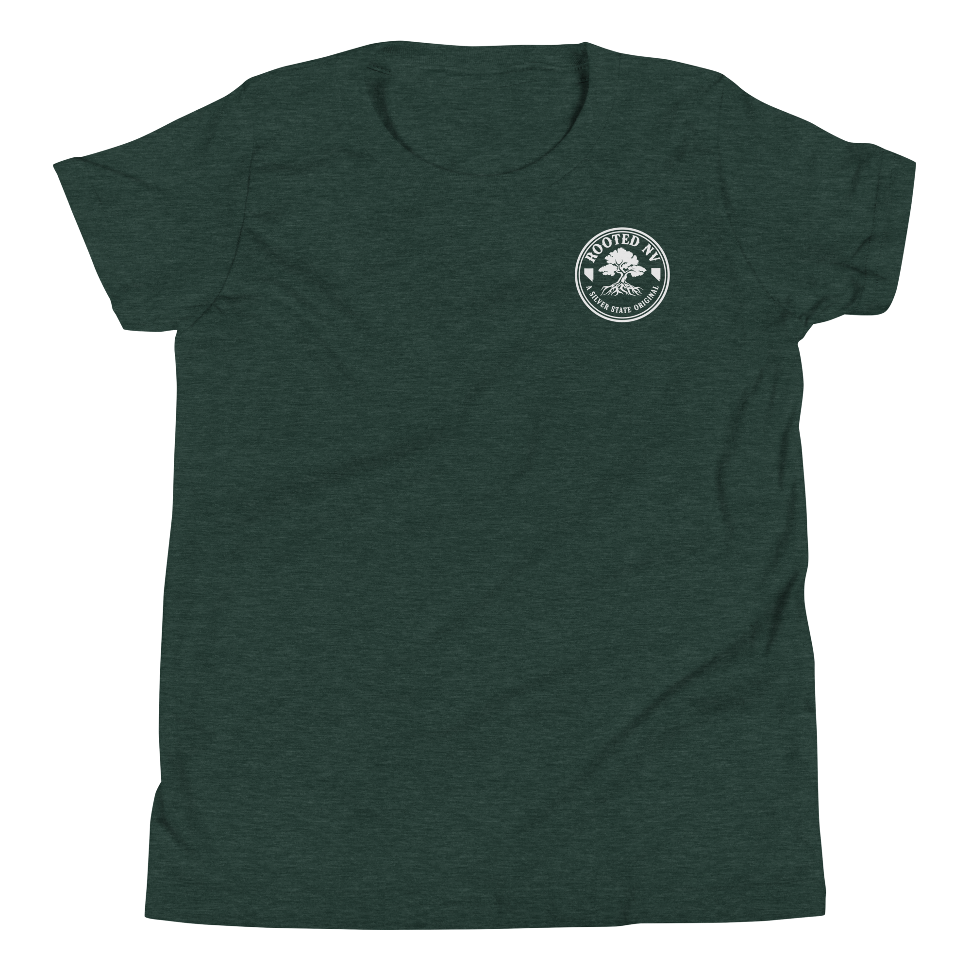 Youth Rooted Tree Ring Graphic Tee - Soft Relaxed Fit in forest green featuring a small white Rooted NV tree logo on the chest