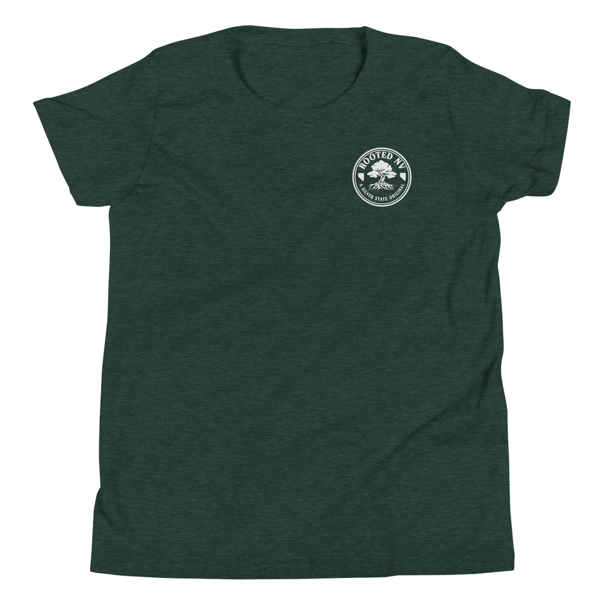 Youth Nevada Day Of The Dead Graphic T-Shirt – Relaxed Unisex Fit, Soft Cotton in deep green showing the Rooted NV chest logo
