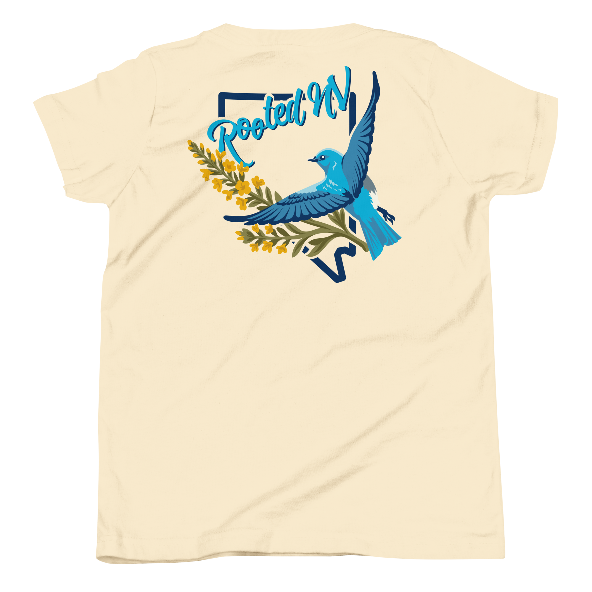 Youth Nevada Bluebird Graphic Tee – Soft Cotton,Relaxed Fit in light yellow with colorful Nevada bluebird back graphic