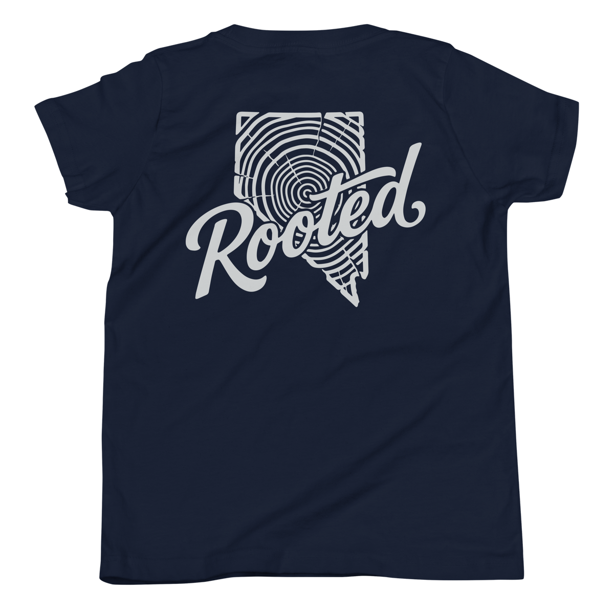 Youth Rooted Tree Ring Graphic Tee - Soft Relaxed Fit in navy with a bold white Rooted tree ring graphic on the front
