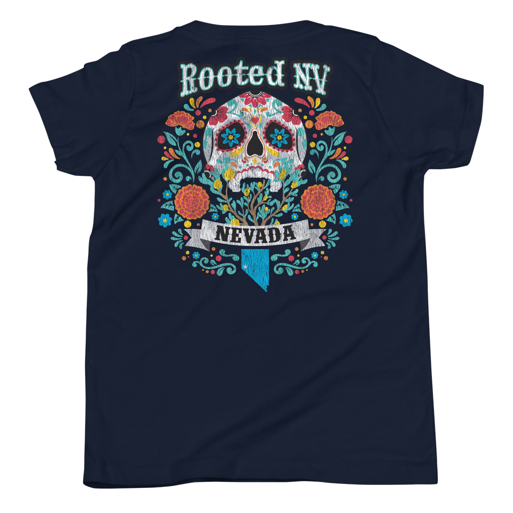 Youth Nevada Day Of The Dead Graphic T-Shirt – Relaxed Unisex Fit, Soft Cotton in navy blue with colorful Day of the Dead skull graphic